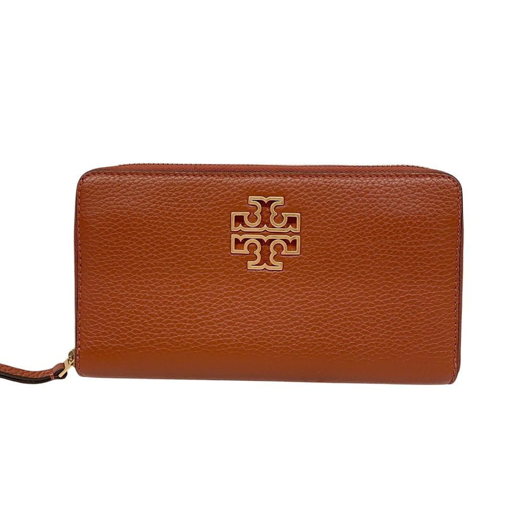 Tory Burch McGraw Zip Continental Wallet Brown Pebbled Leather Gold Logo